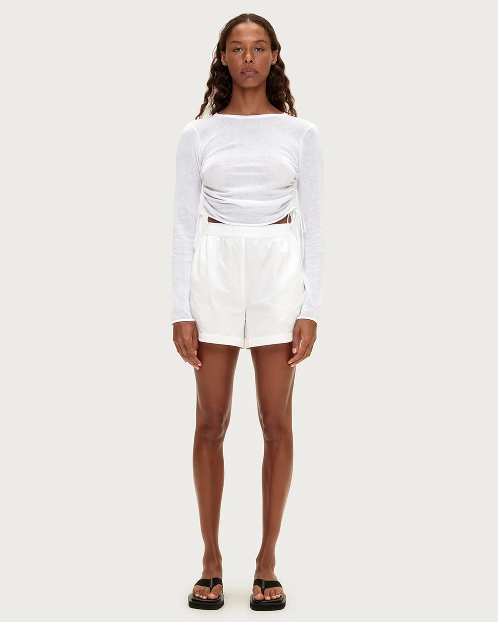 Gathered Long Sleeve Knit Top - White