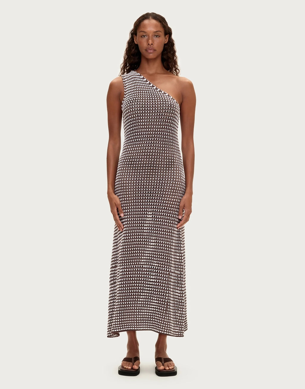 Lattice Knit One Shoulder Dress - Brown Stripe
