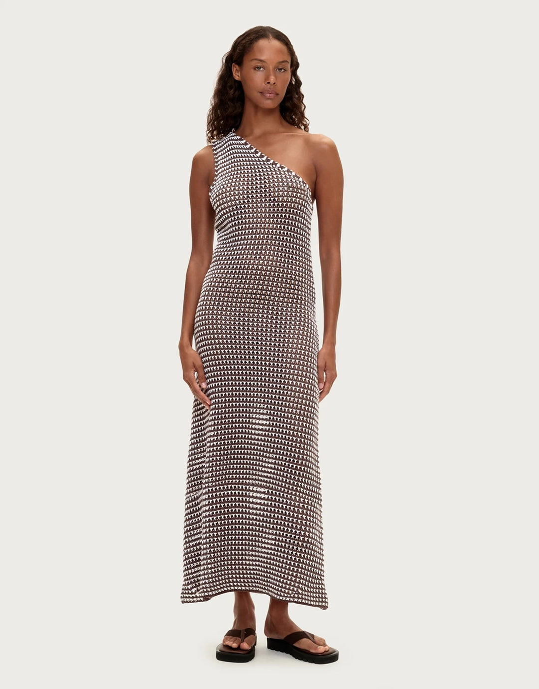Lattice Knit One Shoulder Dress - Brown Stripe