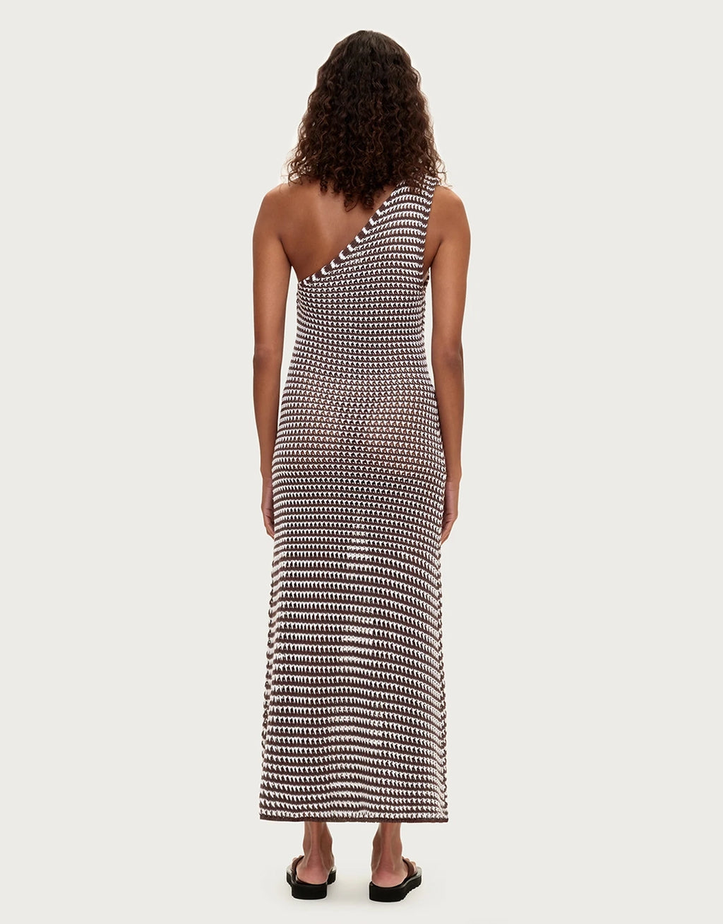 Lattice Knit One Shoulder Dress - Brown Stripe