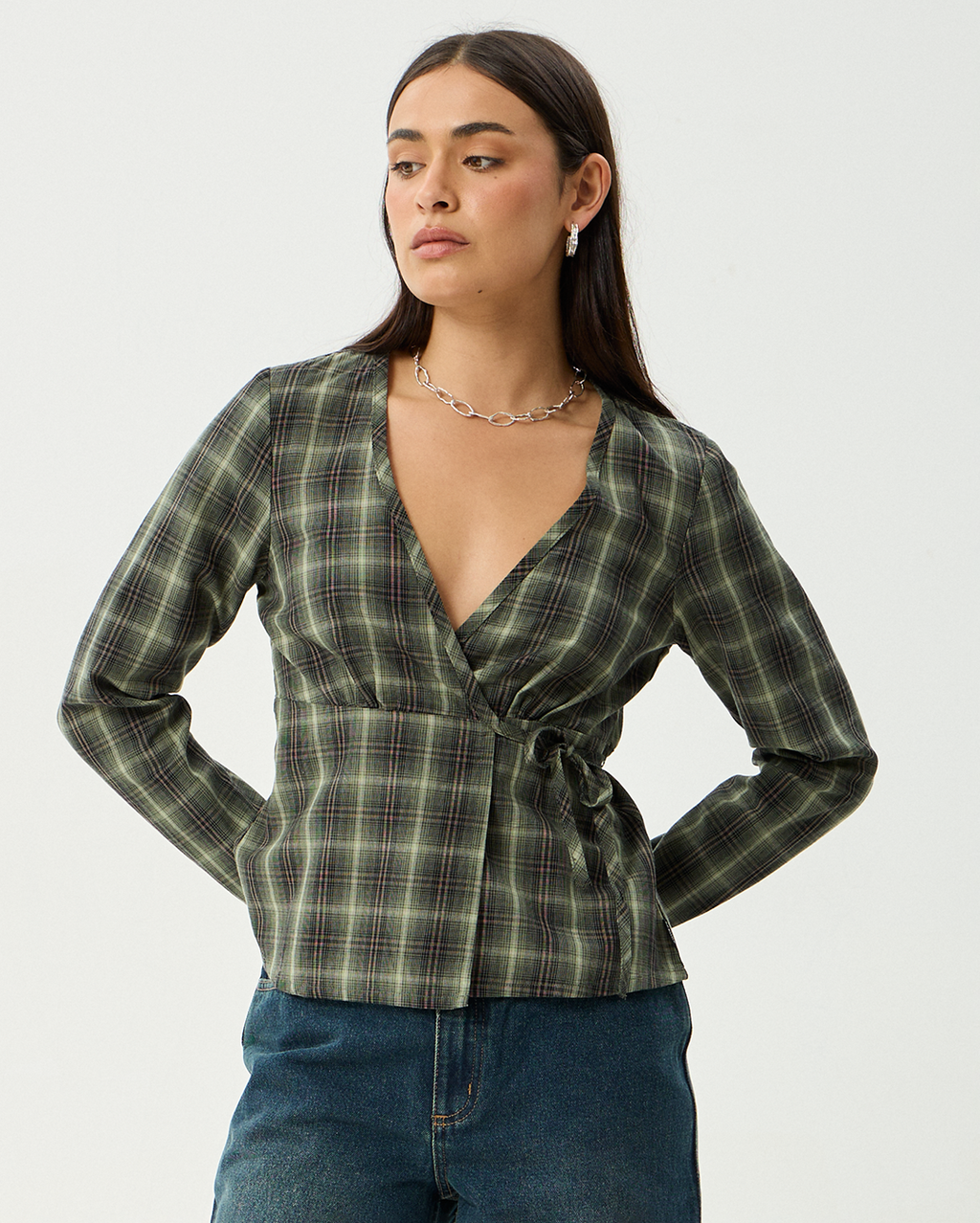 Jonah - Recycled Long Sleeve Top - Deep Olive Check - Afends
