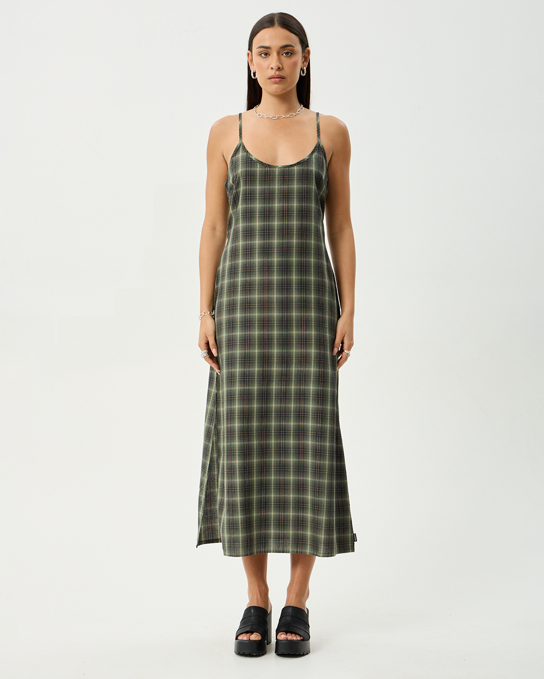 Jonah Valley - Recycled Maxi Dress - Deep Olive Check - Afends