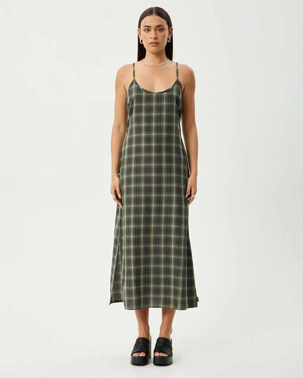 Jonah Valley - Recycled Maxi Dress - Deep Olive Check - Afends