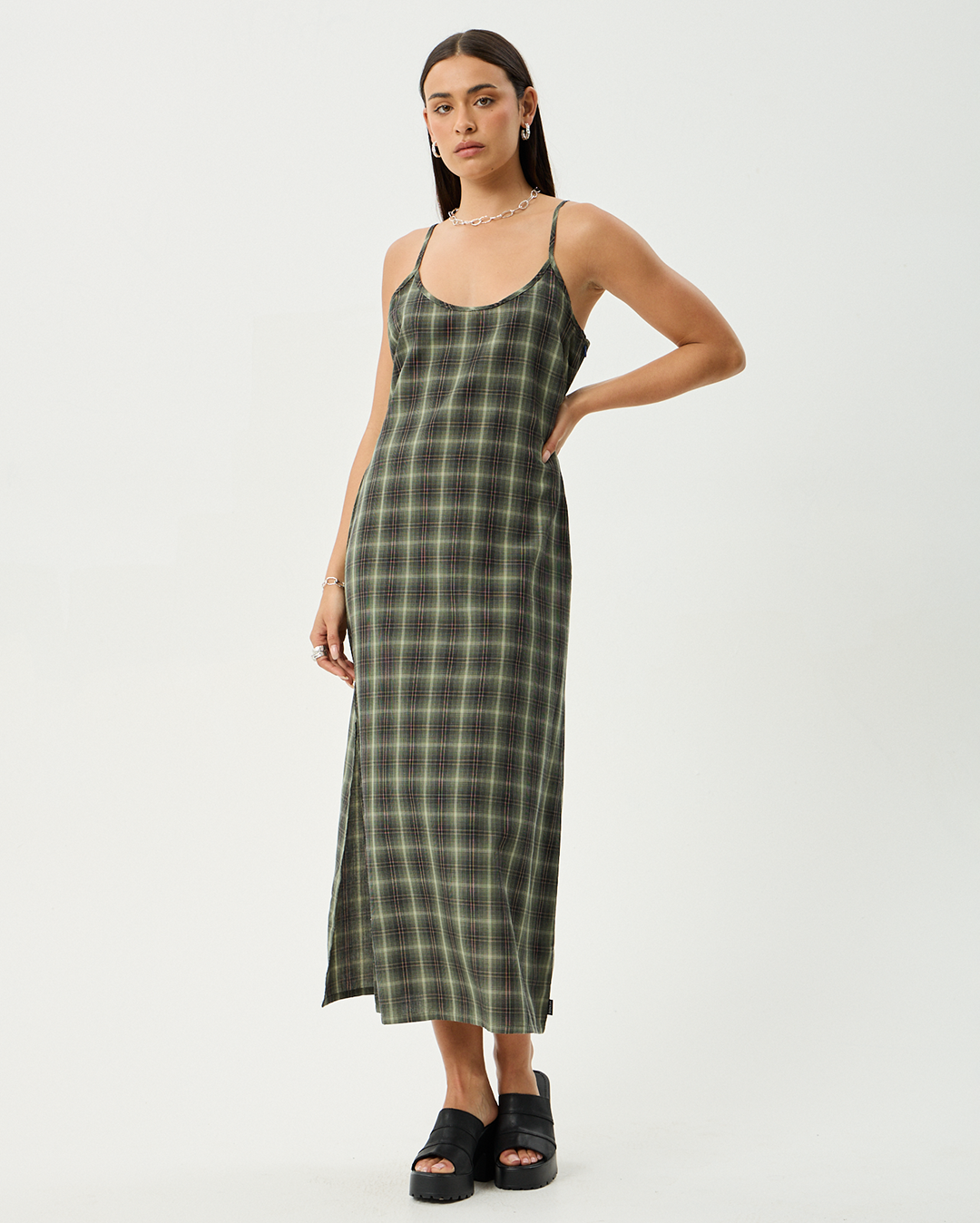 Afends Jonah Valley - Recycled Maxi Dress - Deep Olive Check