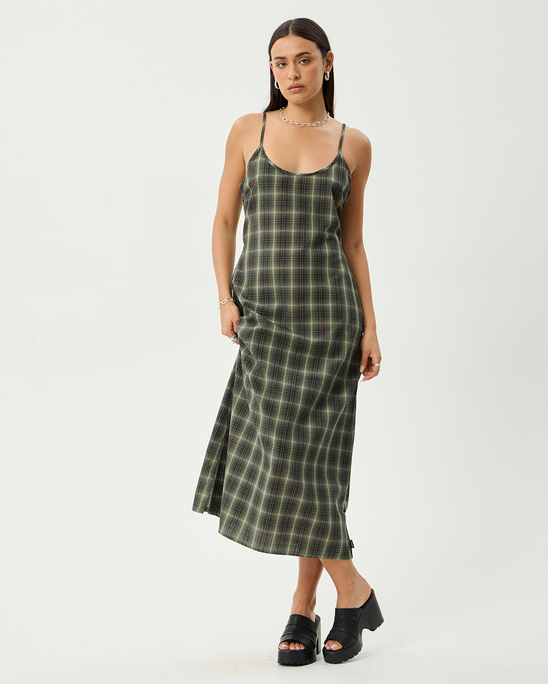 Jonah Valley - Recycled Maxi Dress - Deep Olive Check - Afends
