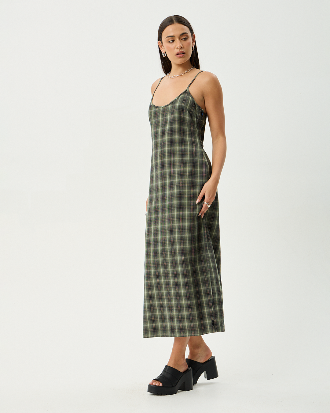 Jonah Valley - Recycled Maxi Dress - Deep Olive Check - Afends