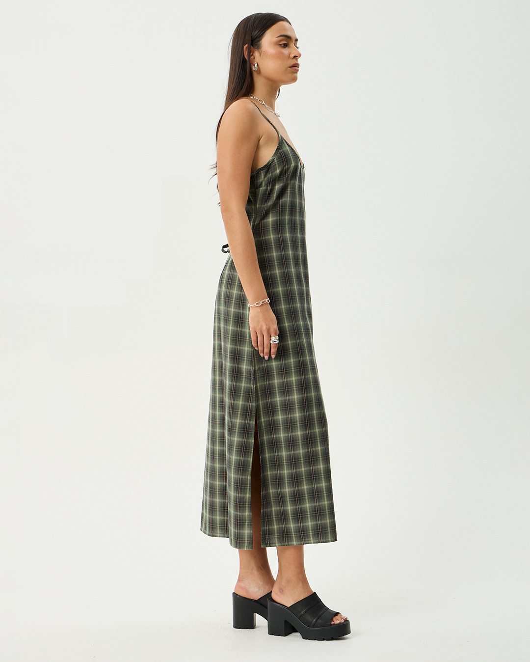 Jonah Valley - Recycled Maxi Dress - Deep Olive Check - Afends