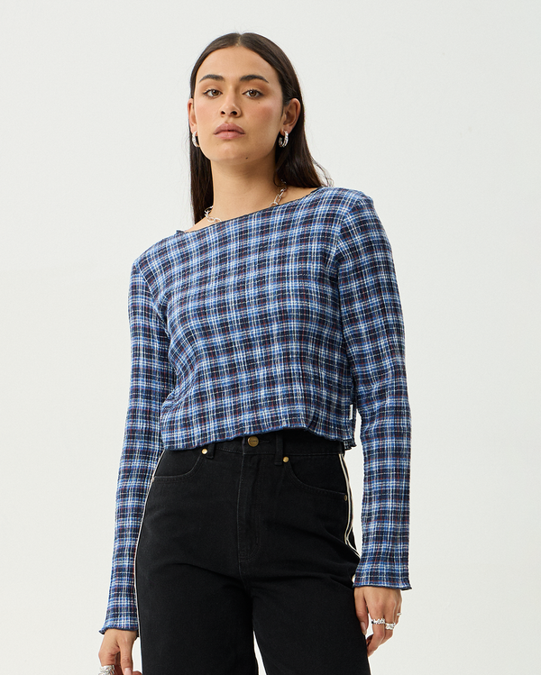 Mountains - Hemp Seersucker Long Sleeve Top - Navy Red Check - Afends