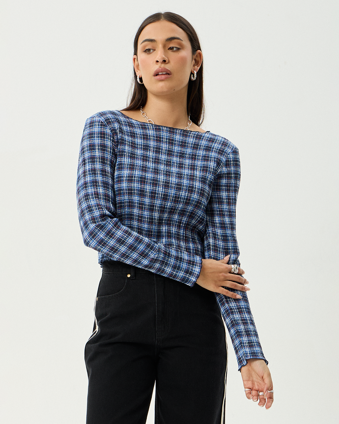 Mountains - Hemp Seersucker Long Sleeve Top - Navy Red Check - Afends