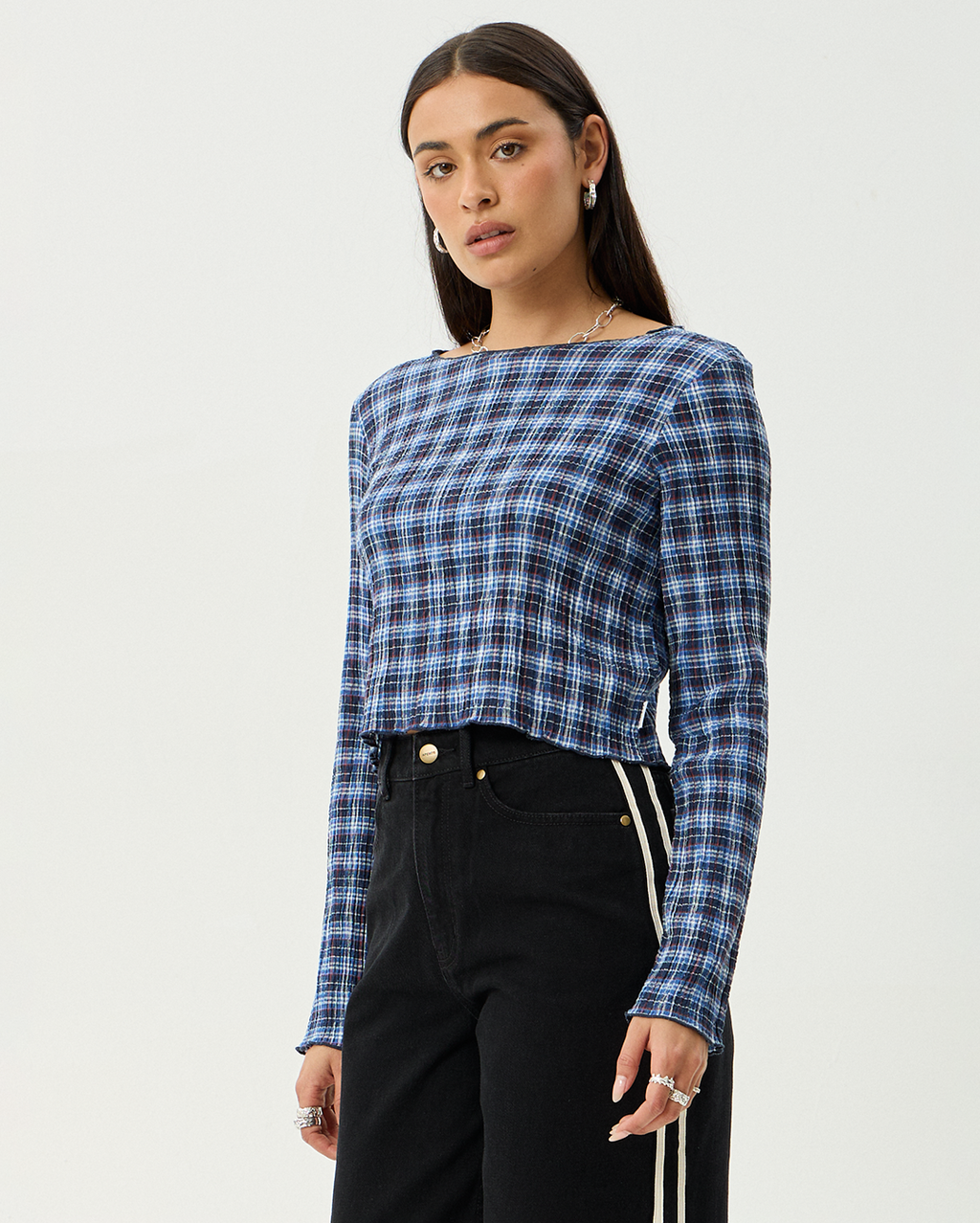 Afends Mountains - Hemp Seersucker Long Sleeve Top - Navy Red