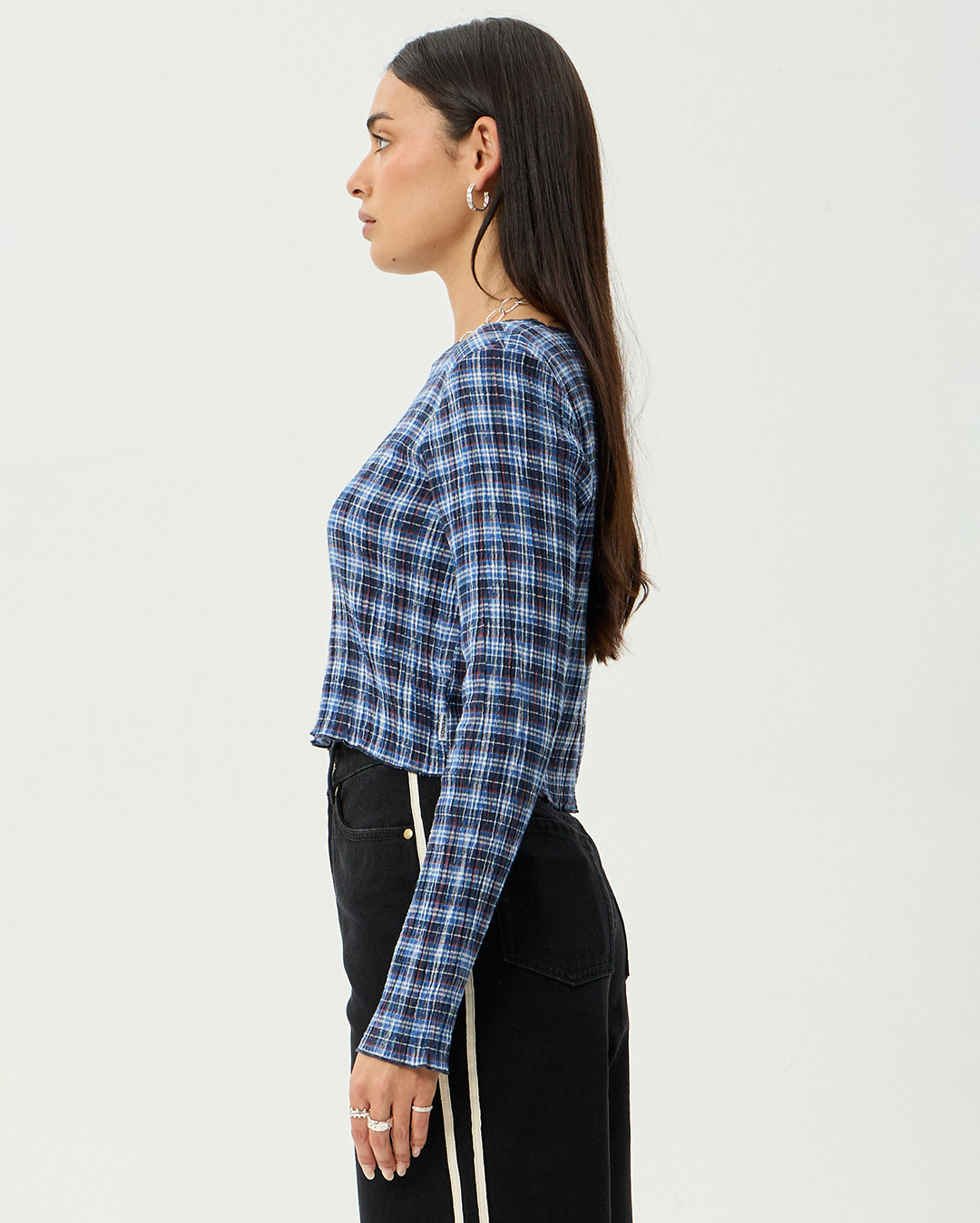 Mountains - Hemp Seersucker Long Sleeve Top - Navy Red Check - Afends