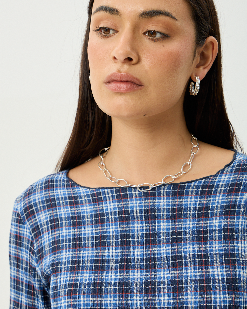 Mountains - Hemp Seersucker Long Sleeve Top - Navy Red Check - Afends