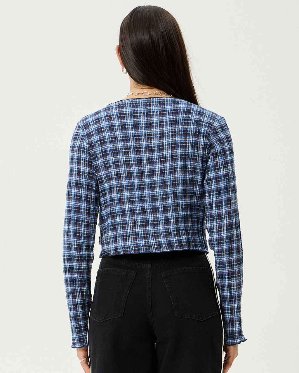 Mountains - Hemp Seersucker Long Sleeve Top - Navy Red Check - Afends