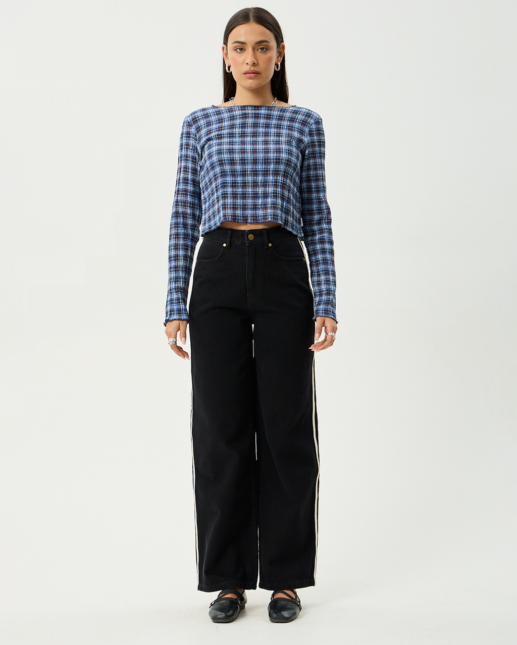 Mountains - Hemp Seersucker Long Sleeve Top - Navy Red Check - Afends