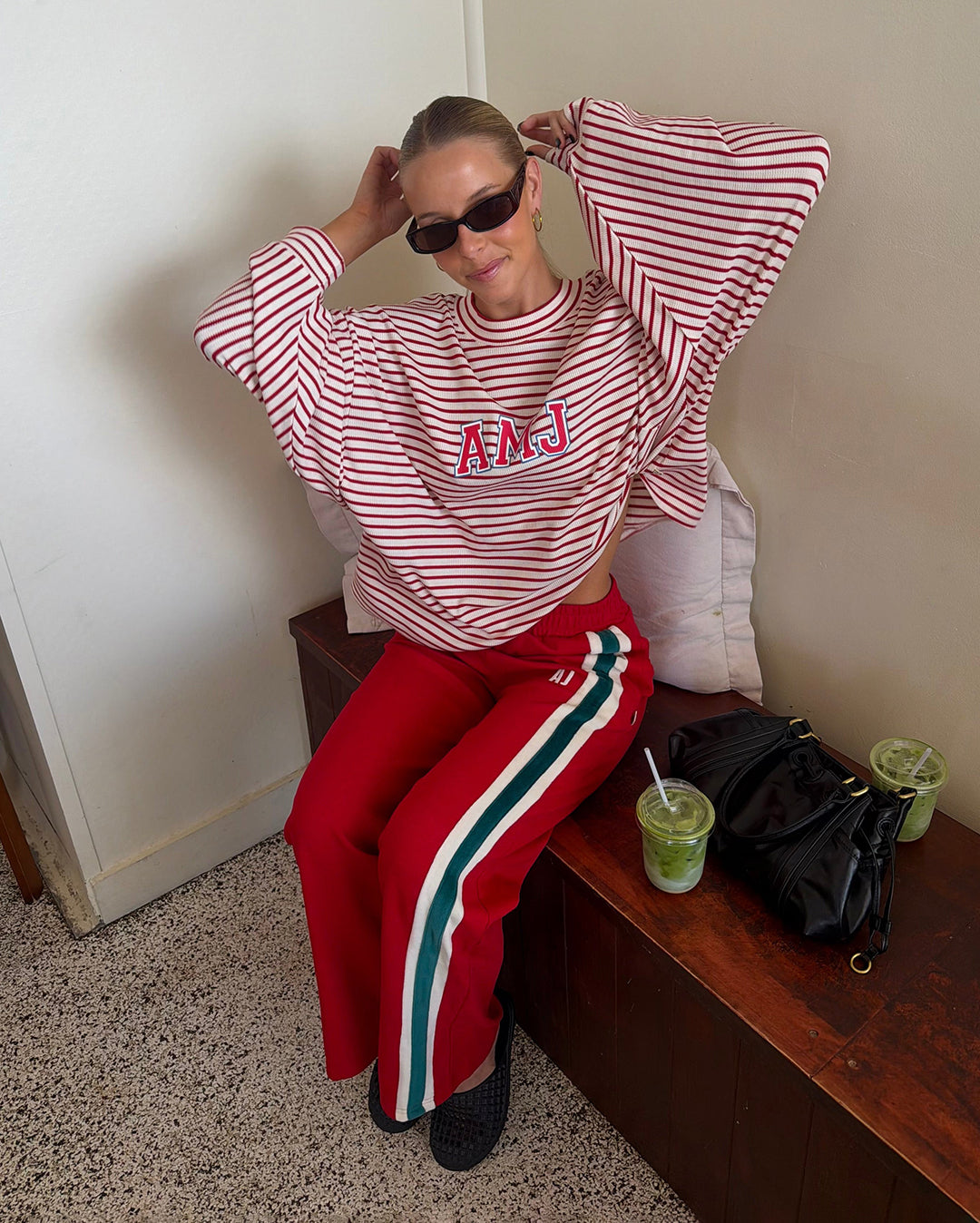 Amj Waffle Long Sleeve Top - Red Alert - Araminta James