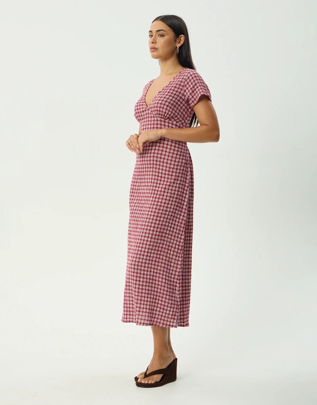 Base Maeve Seersucker Maxi Dress - Burgundy Check