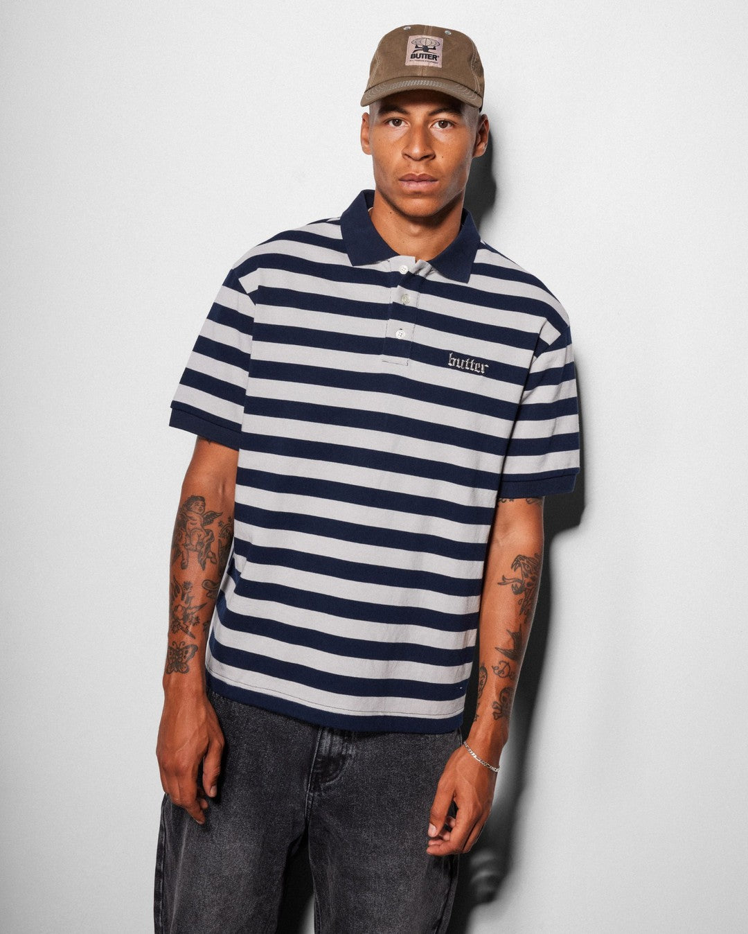 Striped Polo Shirt - Navy / Grey - Butter Goods