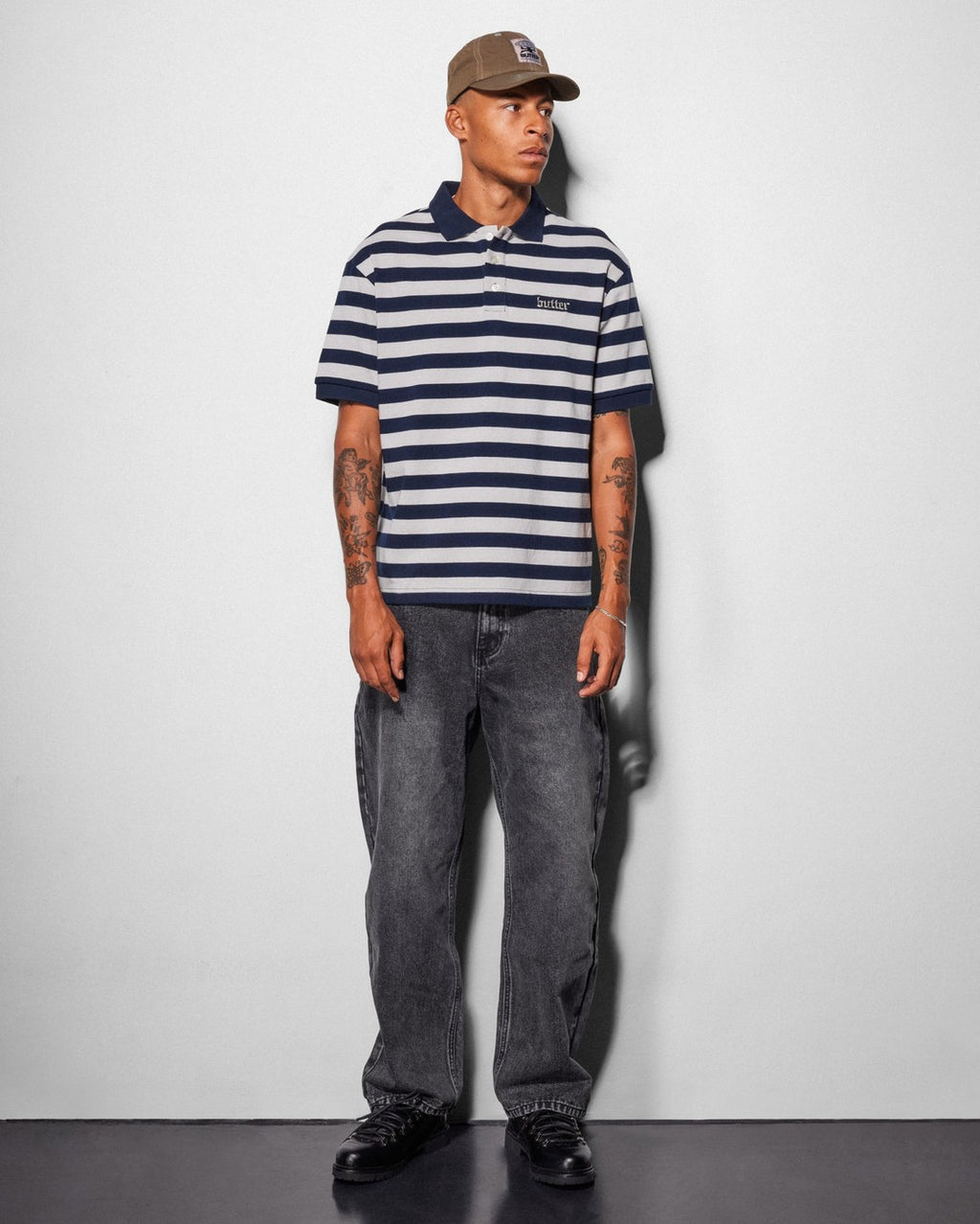 Striped Polo Shirt - Navy / Grey - Butter Goods