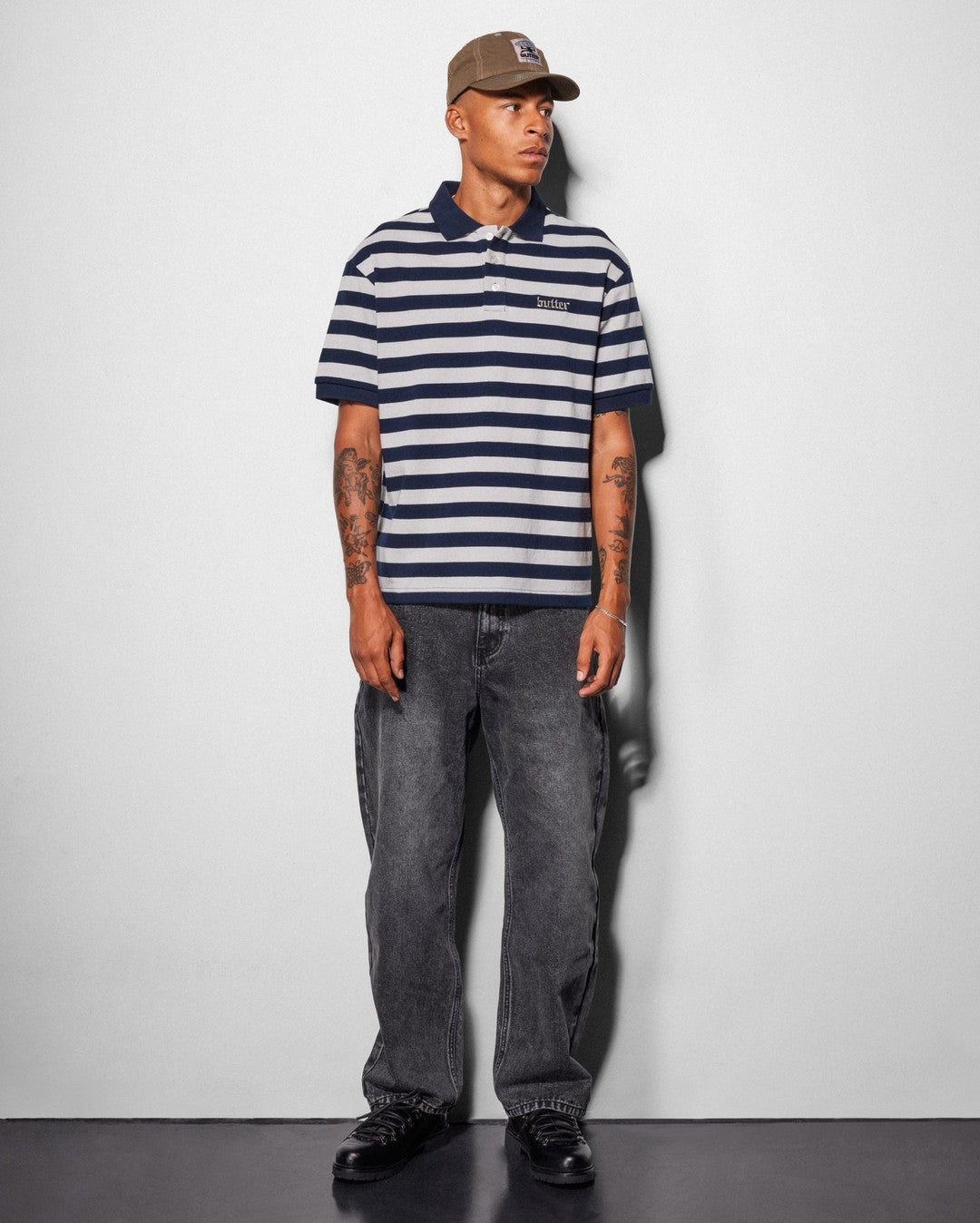 Striped Polo Shirt - Navy / Grey - Butter Goods
