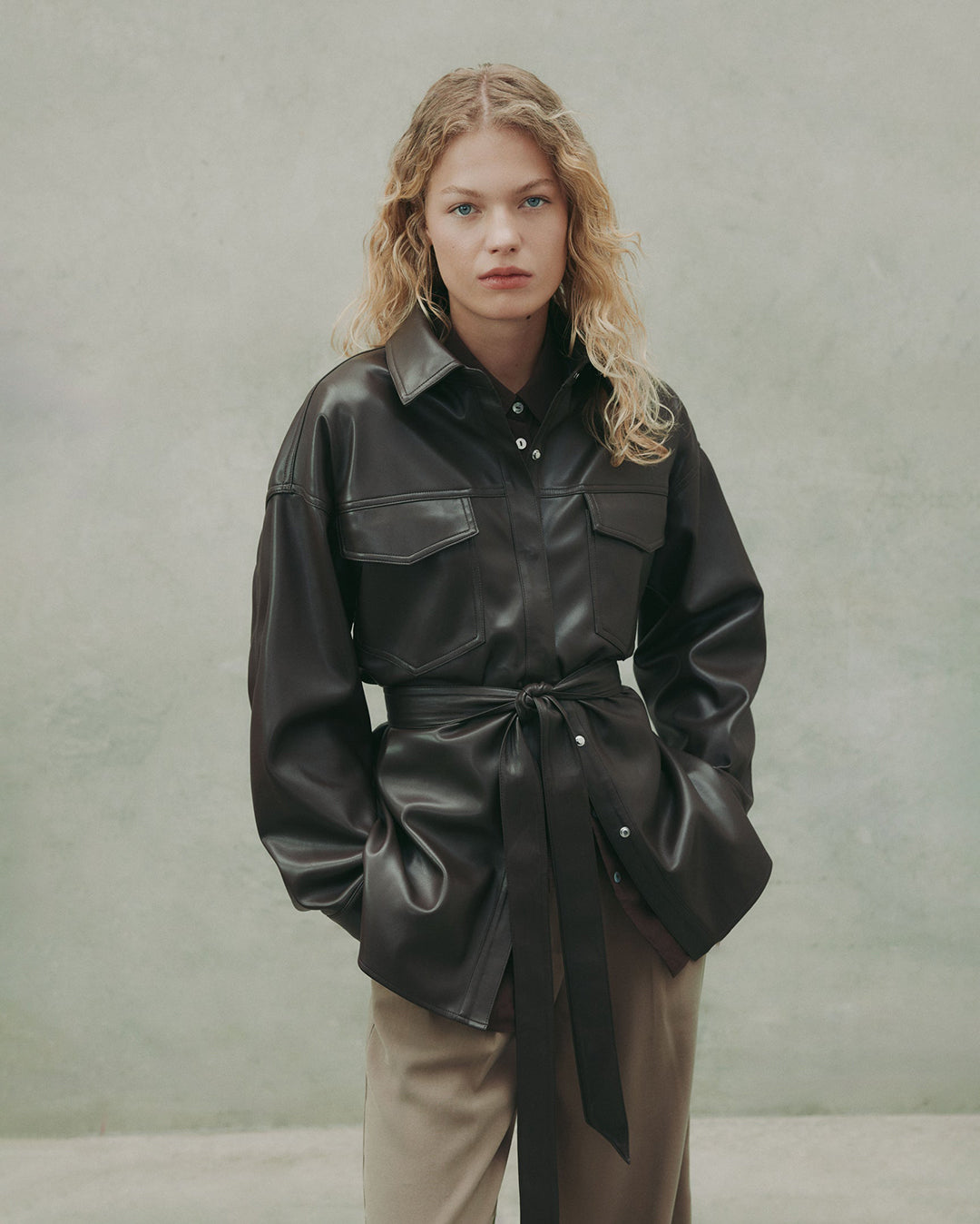 Camille Vegan Leather Overshirt - Raisin - Nude Lucy