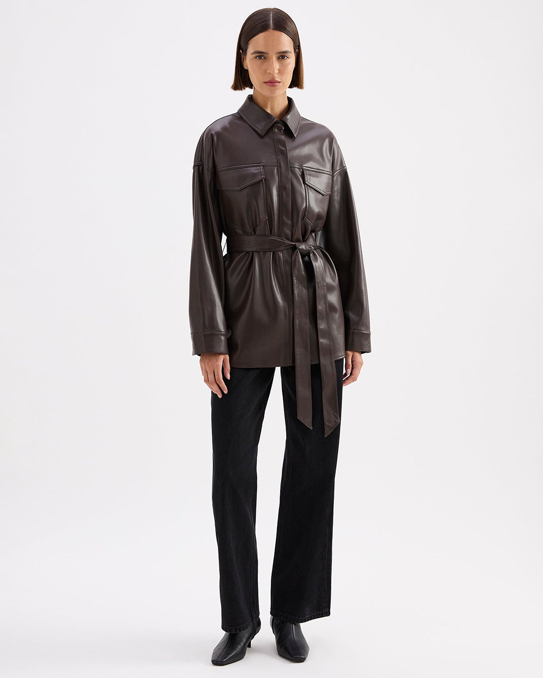 Camille Vegan Leather Overshirt - Raisin - Nude Lucy