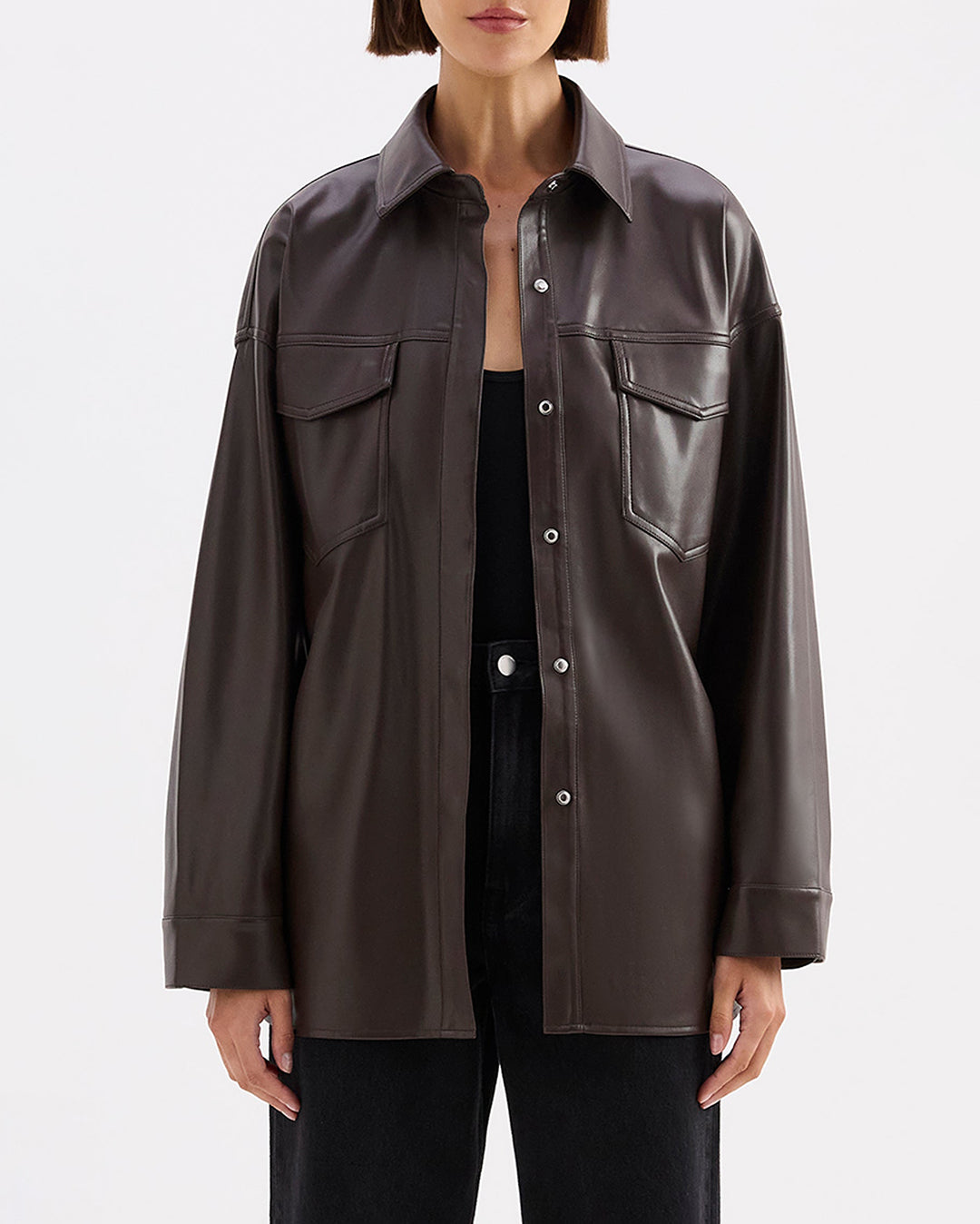 Camille Vegan Leather Overshirt - Raisin - Nude Lucy