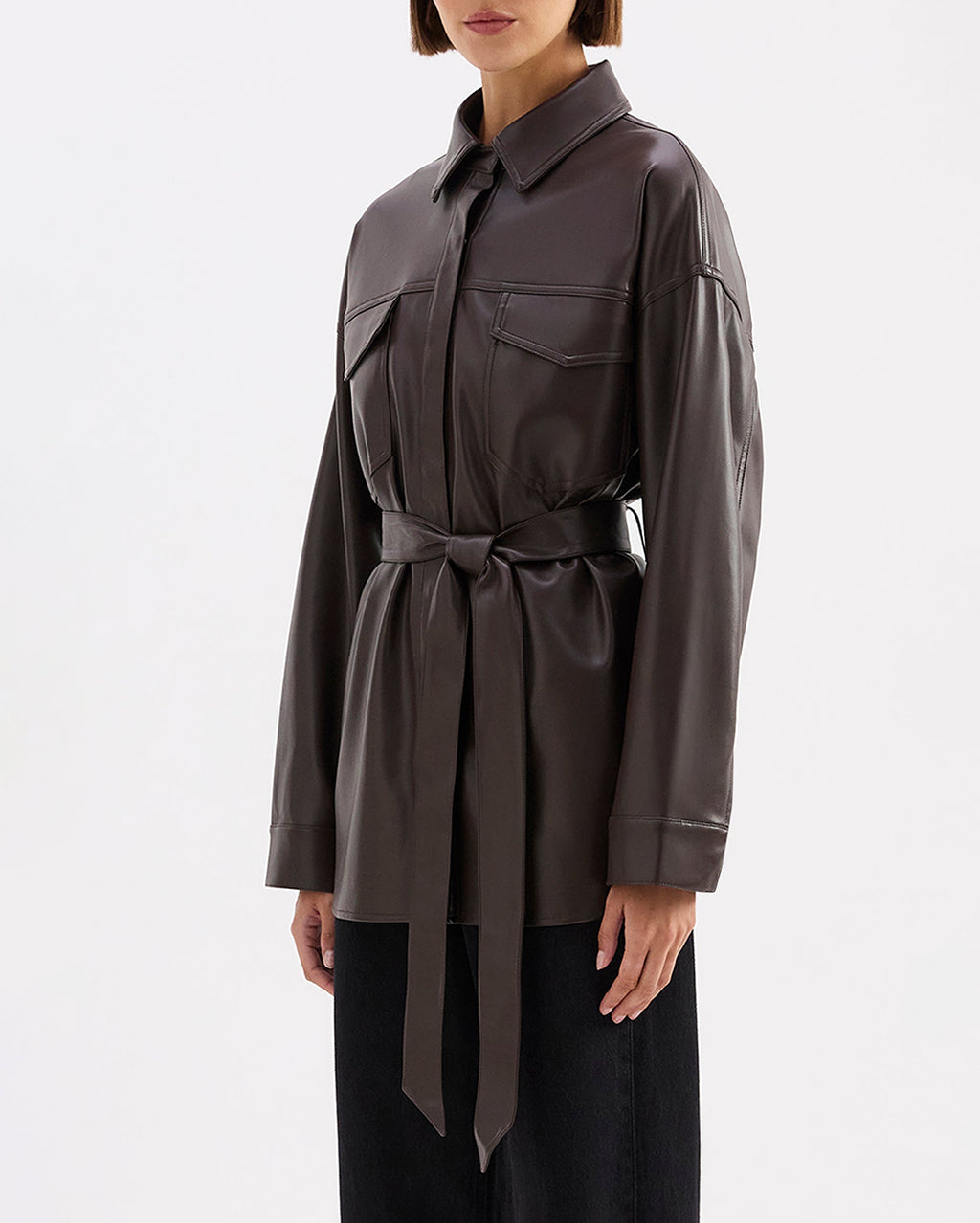 Camille Vegan Leather Overshirt - Raisin - Nude Lucy