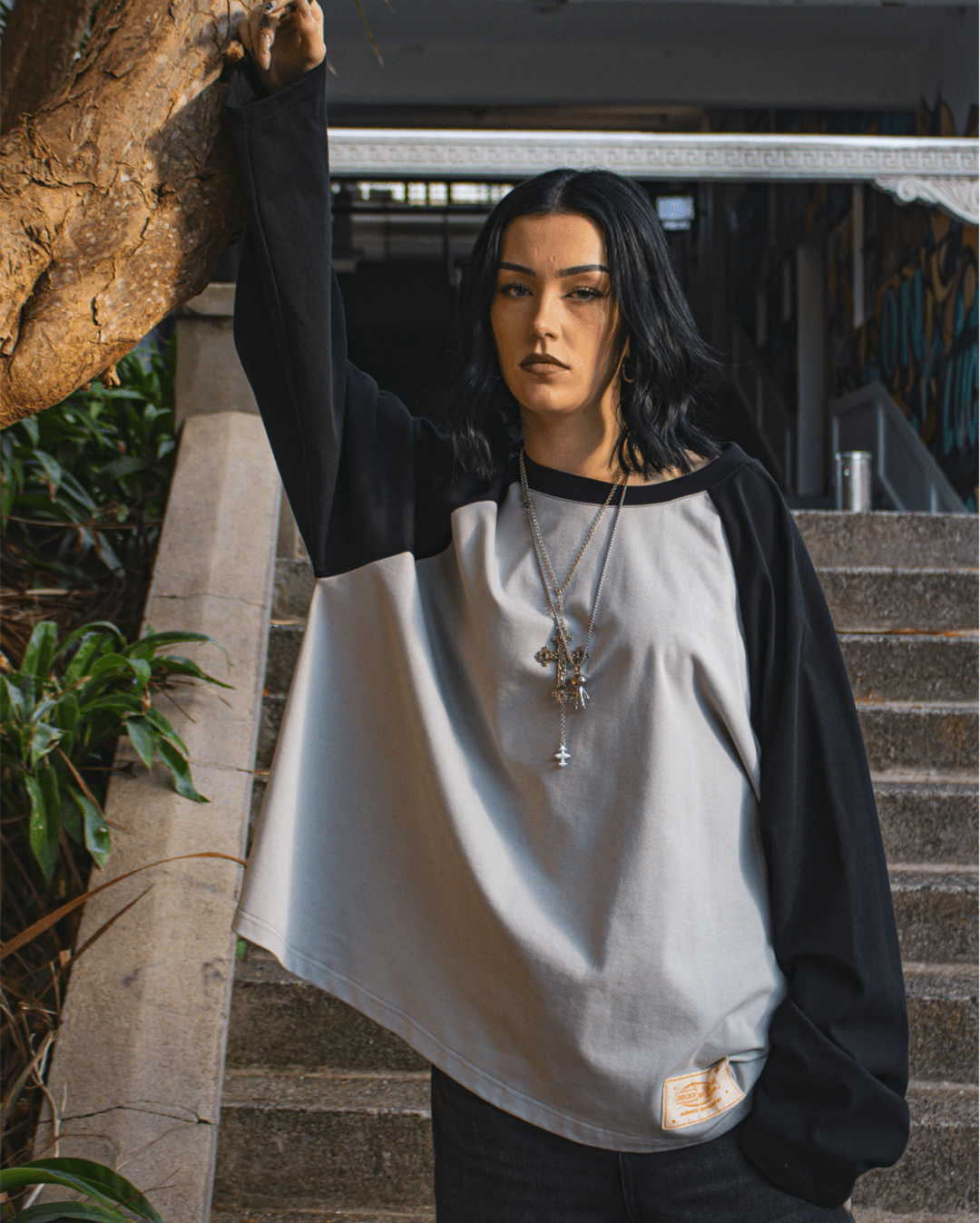 Crew Raglan - Ash/Black - Checks Downtown