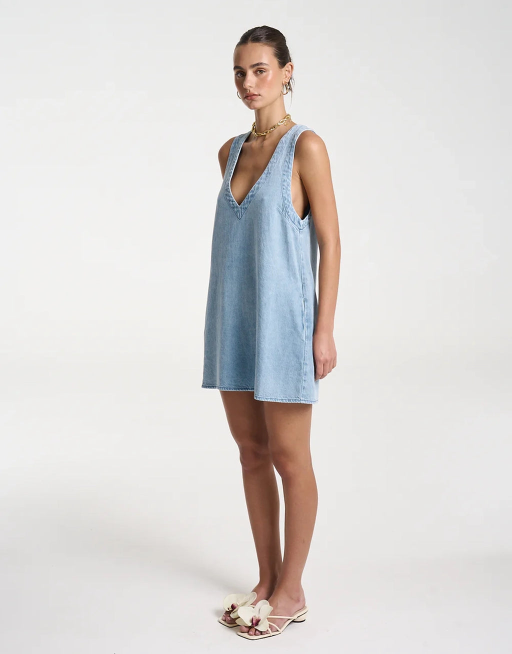 Denim V Neck Shift Dress - Sky Blue Denim