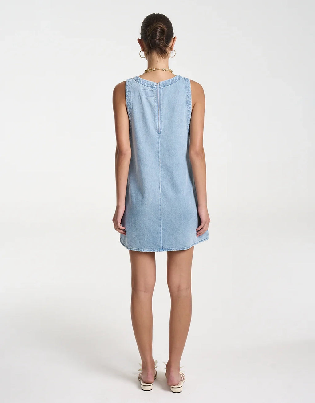 Denim V Neck Shift Dress - Sky Blue Denim