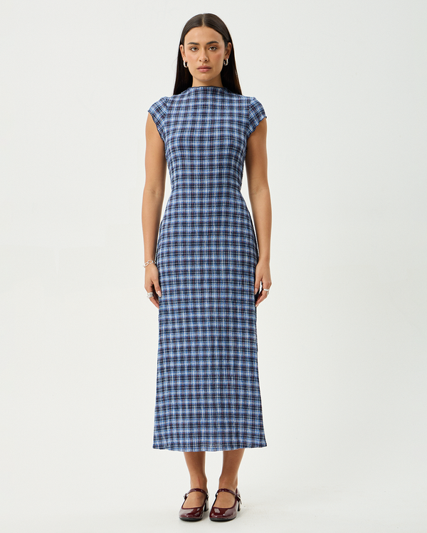 Mountains - Hemp Seersucker Midi Dress - Navy Red Check - Afends