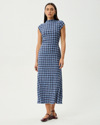 Mountains - Hemp Seersucker Midi Dress - Navy Red Check - Afends