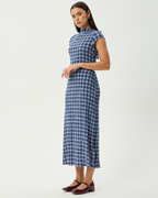 Mountains - Hemp Seersucker Midi Dress - Navy Red Check - Afends