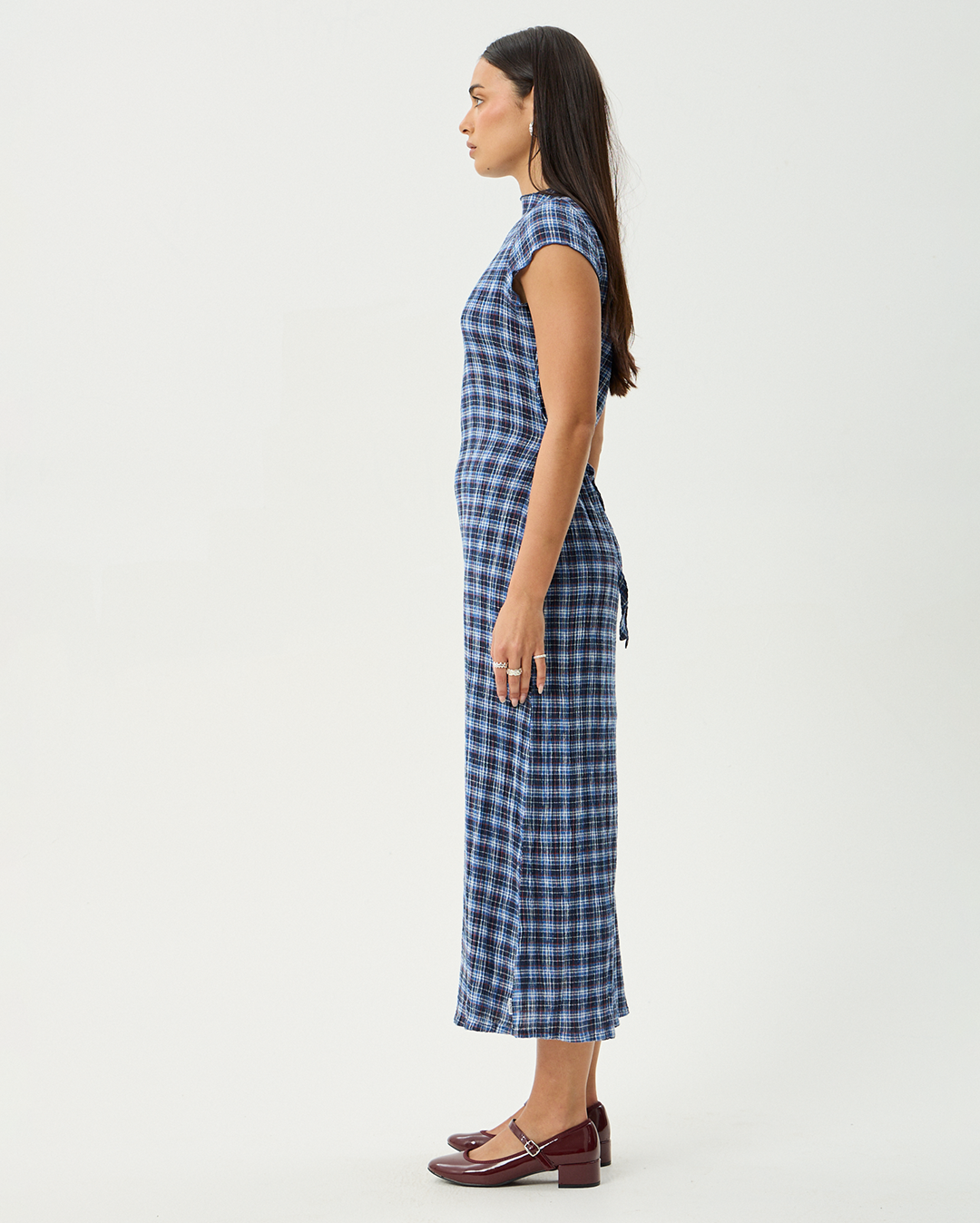 Mountains - Hemp Seersucker Midi Dress - Navy Red Check - Afends