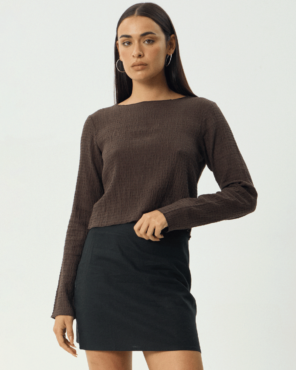 Focus - Seersucker Long Sleeve Top - Coffee - Afends