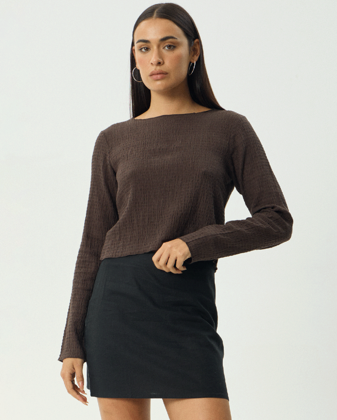 Focus - Seersucker Long Sleeve Top - Coffee - Afends