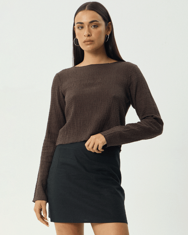 Focus - Seersucker Long Sleeve Top - Coffee - Afends
