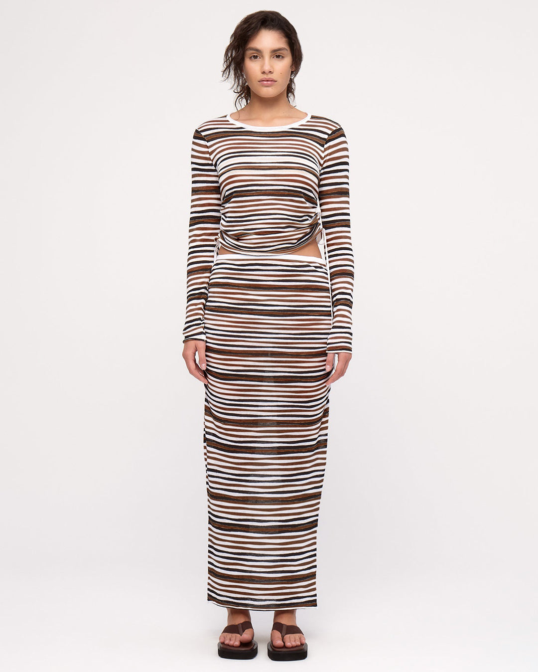 Gathered Long Sleeve Knit Top - Black Stripe - Zulu and Zephyr