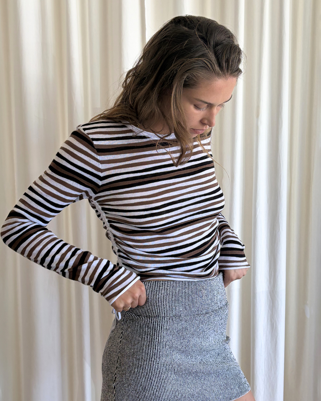 Gathered Long Sleeve Knit Top - Black Stripe - Zulu and Zephyr