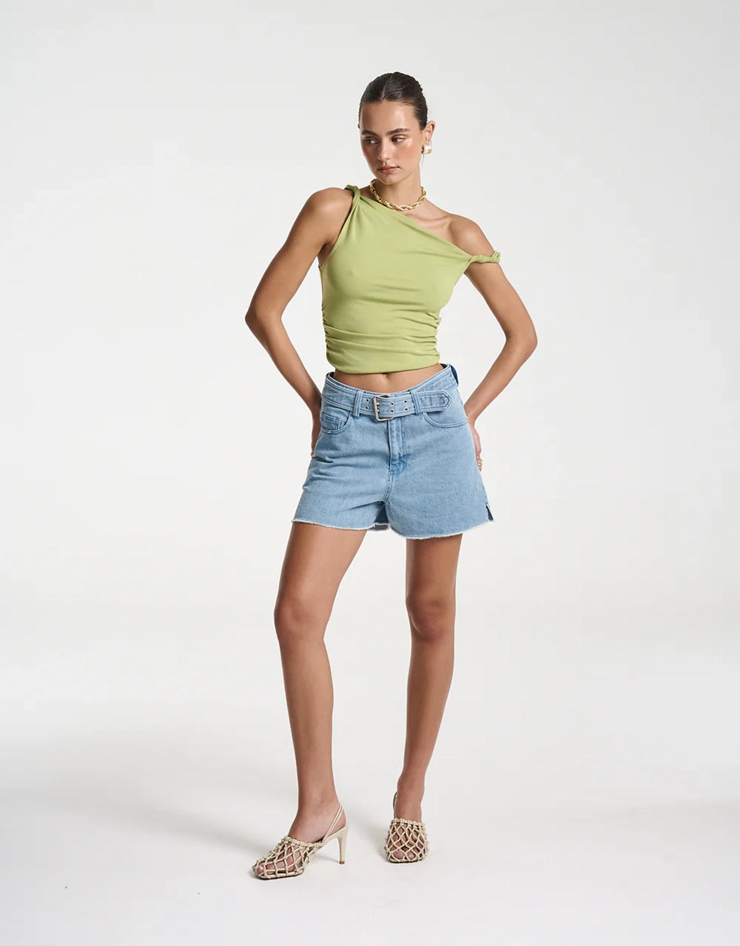 Twist Off Shoulder Top - Apple Green