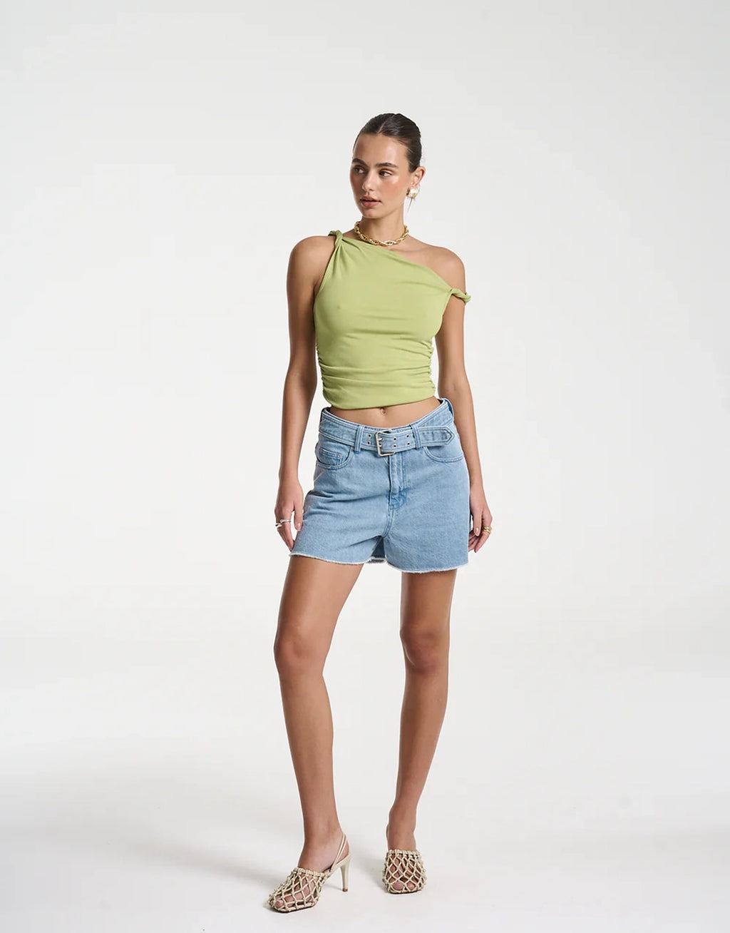 Twist Off Shoulder Top - Apple Green
