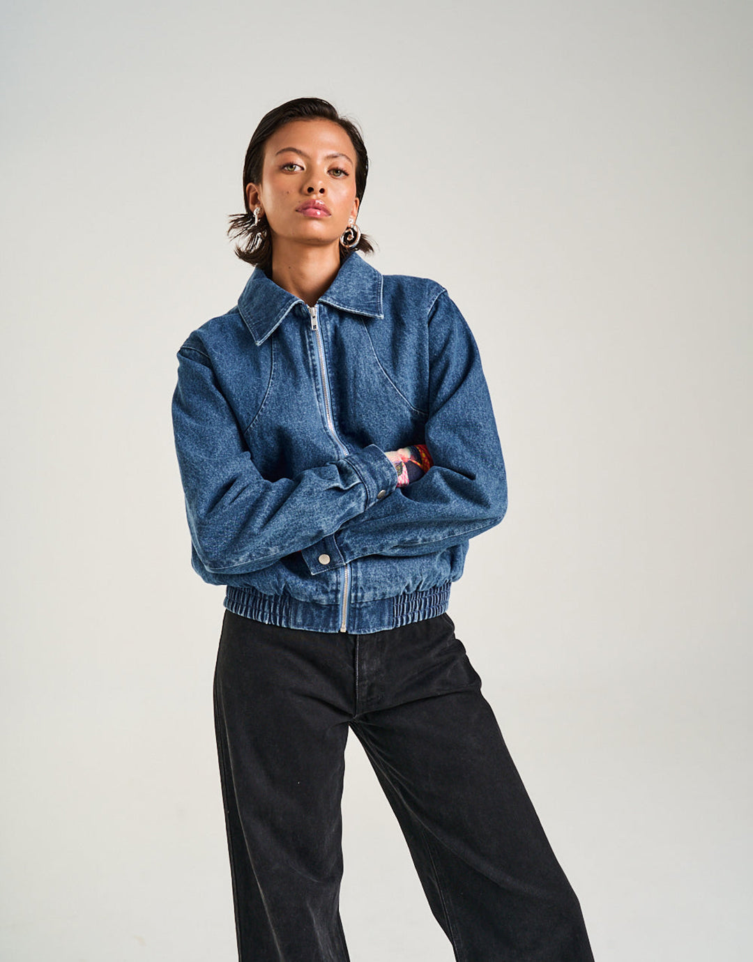 Cropped Bomber - Blue Wash Denim