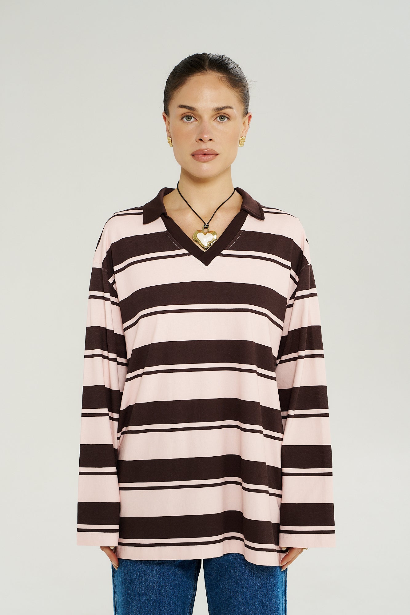 Long Sleeve Polo Top - Choc Rose Stripe - Summi Summi