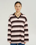 Long Sleeve Polo Top - Choc Rose Stripe - Summi Summi