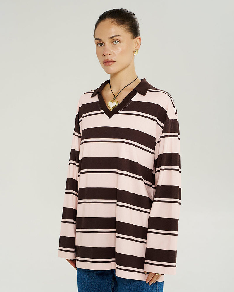 Long Sleeve Polo Top - Choc Rose Stripe - Summi Summi