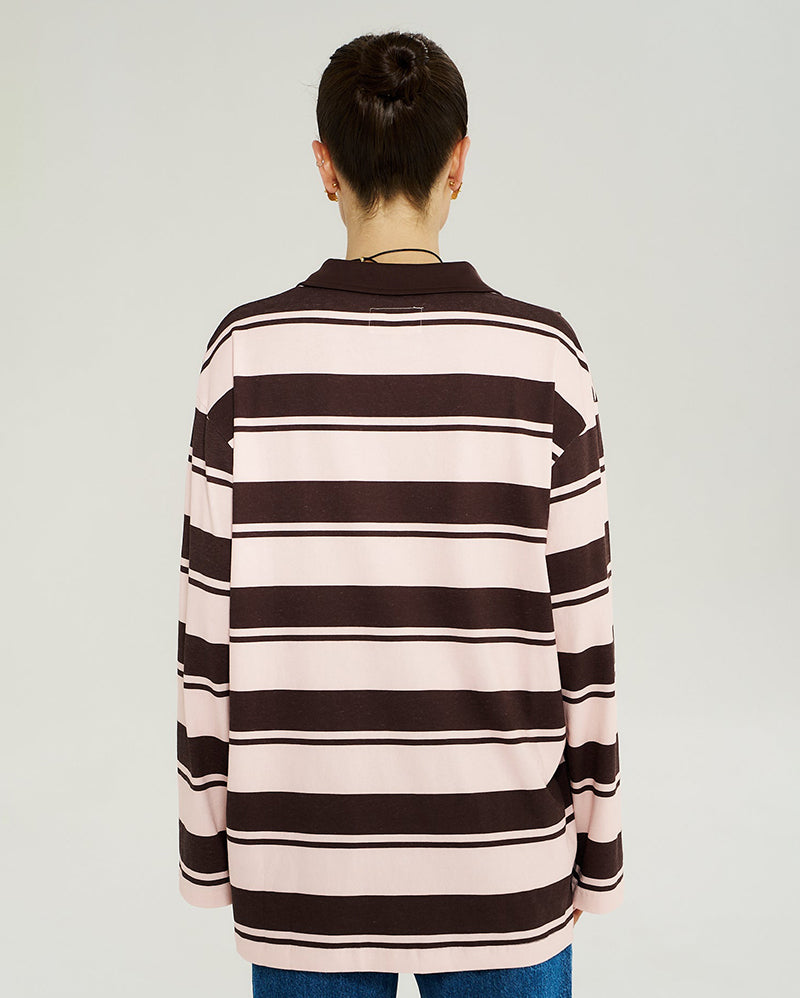 Long Sleeve Polo Top - Choc Rose Stripe - Summi Summi
