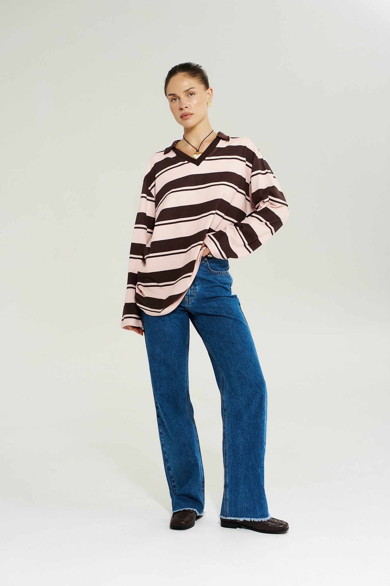 Long Sleeve Polo Top - Choc Rose Stripe - Summi Summi