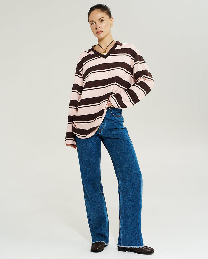Long Sleeve Polo Top - Choc Rose Stripe - Summi Summi