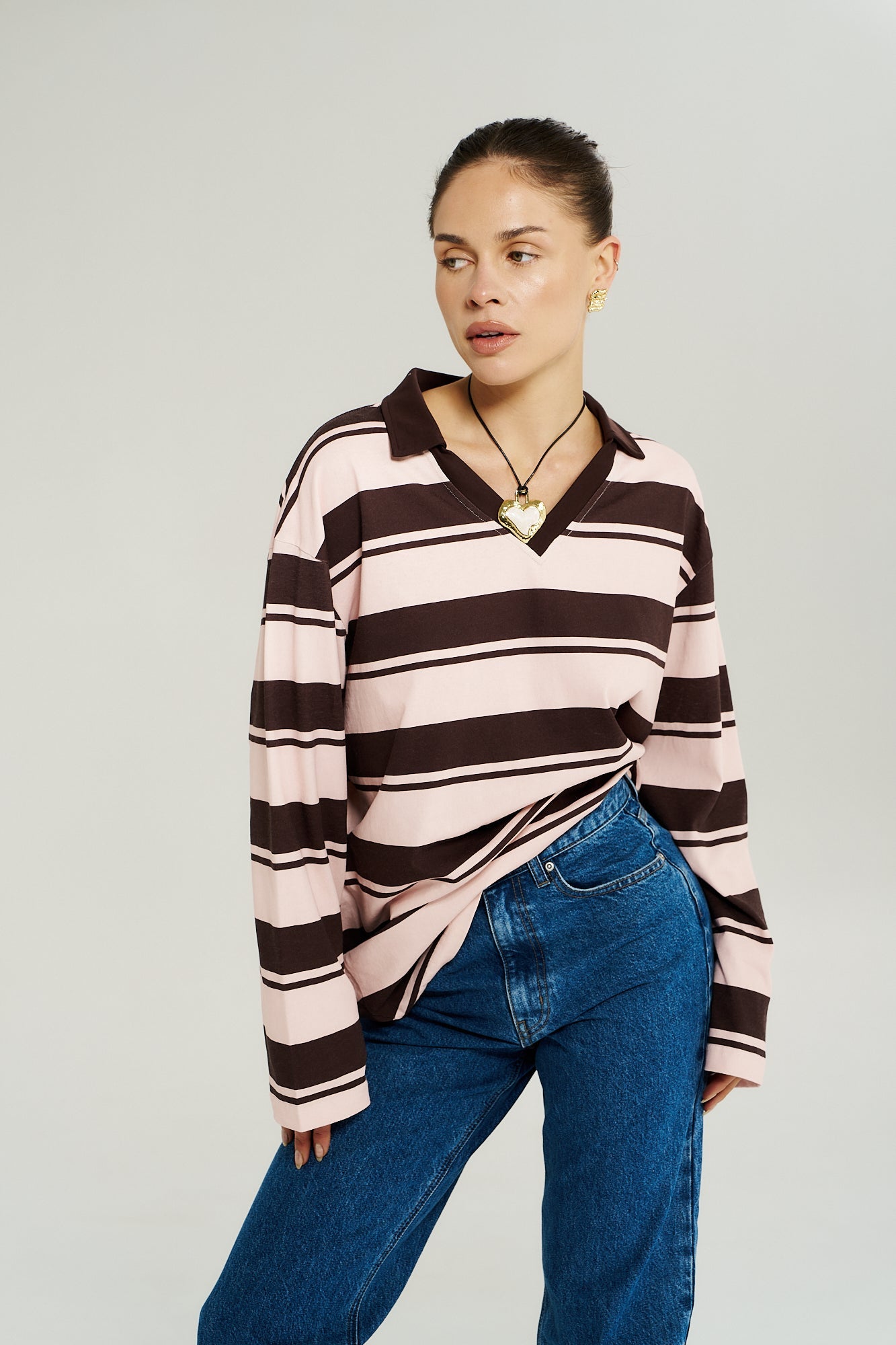 Long Sleeve Polo Top - Choc Rose Stripe - Summi Summi