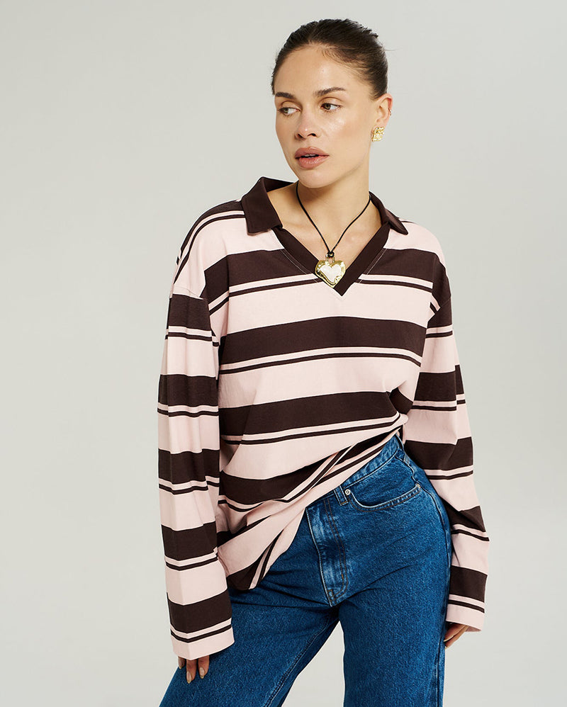 Long Sleeve Polo Top - Choc Rose Stripe - Summi Summi